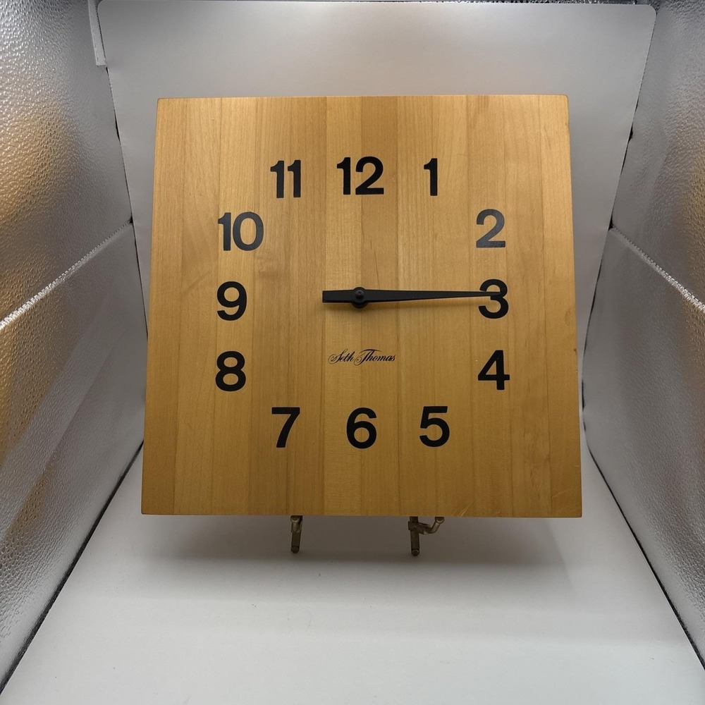 Vtg~Seth Thomas Solid Wood Butcher Block Wall Clock~11"~MCM~Working